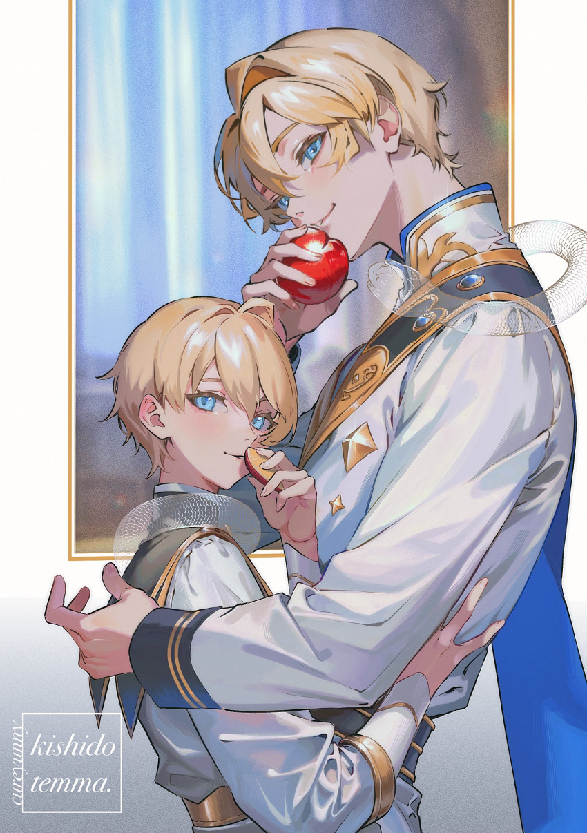 2boys absurdres aged_down alternate_costume animal_around_neck apple apple_slice artist_name black_sailor_collar black_sash blonde_hair blue_cape blue_eyes blurry blurry_background blush cape character_name child closed_mouth commentary dual_persona english_commentary food from_side fruit gold_trim hair_between_eyes hair_intakes hand_on_another's_hip highres holding holding_food holding_fruit holostars jacket kishido_temma lapels looking_at_viewer looking_to_the_side male_focus multiple_boys parted_lips red_apple sailor_collar sash shawl_lapels shirt short_hair simple_background sleeve_cuffs smile snake standing upper_body virtual_youtuber white_background white_jacket white_shirt yunnies