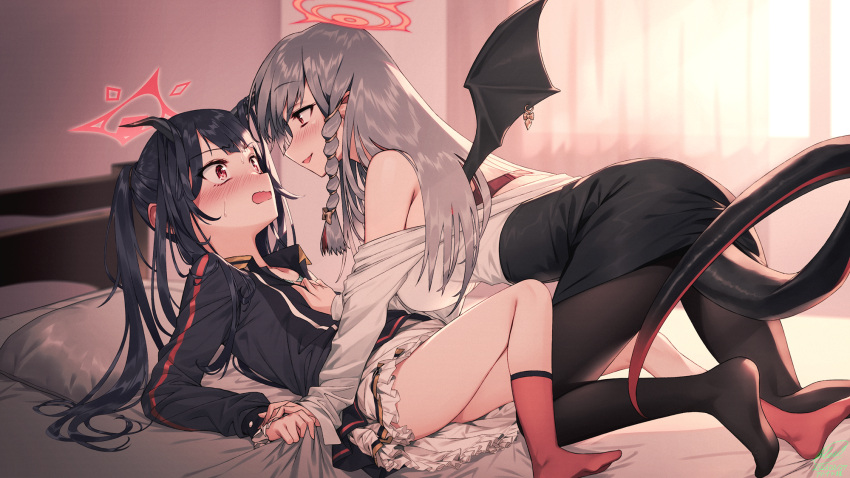 2girls all_fours ass assisted_exposure bare_shoulders bed bed_sheet black_hair black_skirt blew_andwhite blue_archive blush braid breasts demon_tail demon_wings eye_contact face-to-face fuuka_(blue_archive) girl_on_top halo haruna_(blue_archive) highres indoors long_hair long_sleeves looking_at_another lying multiple_girls no_shoes off_shoulder on_back on_bed open_mouth pantyhose pillow red_eyes shirt skirt smile sweatdrop tail twintails undressing_another wings yuri