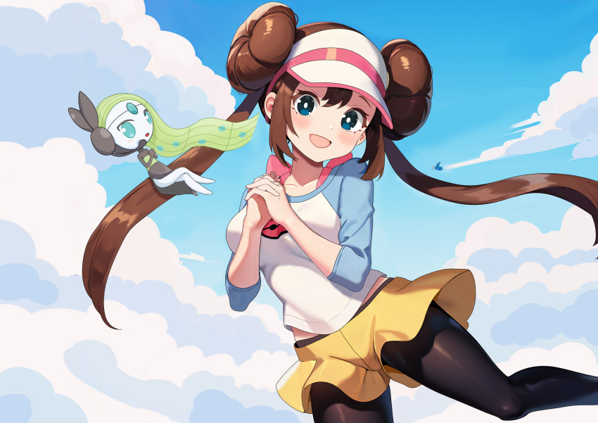 1girl :d absurdres aqua_eyes baozi_9527 blush bow brown_hair chinese_commentary cloud commentary_request day double_bun doughnut_hair_bun eyelashes hair_bun hands_up highres looking_at_viewer meloetta open_mouth outdoors own_hands_together pantyhose pink_bow pokemon pokemon_(creature) pokemon_(game) pokemon_bw2 raglan_sleeves rosa_(pokemon) short_shorts shorts sky smile twintails visor_cap white_headwear yellow_shorts