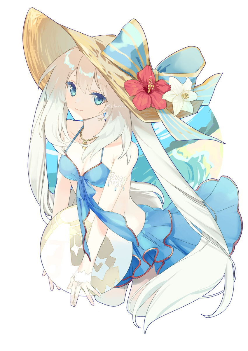 1girl akihiro_(acrobat!c) ball beach beachball bikini blue_bikini blue_bow blue_eyes blue_sarong bow commentary_request double-parted_bangs drill_hair fate/grand_order fate_(series) flower hat hat_bow hat_flower highres looking_at_viewer marie_antoinette_(fate) marie_antoinette_(swimsuit_caster)_(fate) red_flower sarong sidelocks solo straw_hat swimsuit twin_drills twintails white_flower white_hair