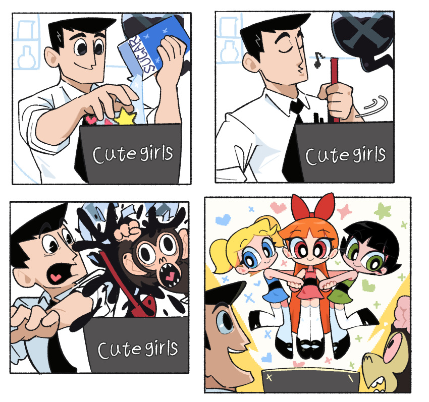 2boys 3girls black_footwear black_hair blonde_hair blossom_(ppg) blue_dress blue_eyes bow box bubbles_(ppg) buttercup_(ppg) collared_shirt commentary dress english_commentary english_text exposed_brain green_dress green_eyes hair_bow heart highres holding holding_box indoors kim_crab long_hair mojo_jojo monkey multiple_boys multiple_girls musical_note necktie powerpuff_girls professor_utonium red_dress red_eyes red_hair sharp_teeth shirt short_hair siblings sisters sleeves_rolled_up smile sparkle splashing star_(symbol) stirring sugar_(food) teeth thighhighs twintails very_long_hair whistling white_shirt