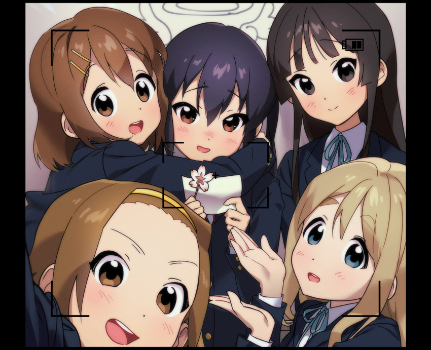 5girls :d akiyama_mio bangs black_eyes black_hair blazer blonde_hair blue_jacket blue_ribbon blush brown_eyes brown_hair closed_mouth collared_shirt commentary_request hair_between_eyes hairband highres hime_cut hirasawa_yui hug jacket k-on! kotobuki_tsumugi long_hair long_sleeves looking_at_viewer multiple_girls nakano_azusa neck_ribbon nyancul open_mouth ribbon sakuragaoka_high_school_uniform school_uniform shirt short_hair sidelocks smile tainaka_ritsu teeth thick_eyebrows twintails upper_teeth_only viewfinder white_shirt winter_uniform yellow_hairband