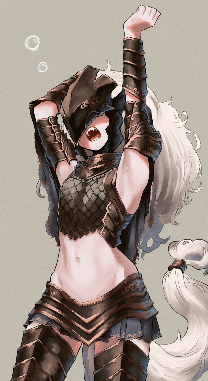 1girl armor armpits black_skirt breasts chainmail ekrea_jan elden_ring fangs genderswap genderswap_(mtf) greaves green_background hands_up helmet highres long_hair maliketh_the_black_blade midriff navel open_mouth pleated_skirt simple_background skirt sleepy small_breasts solo tail white_hair wide_hips