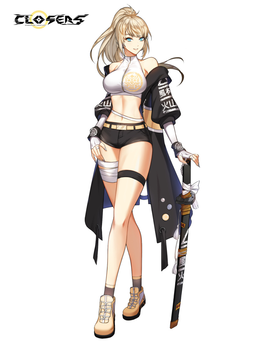 1girl bandages bare_shoulders belt black_jacket black_shorts blonde_hair blue_eyes breasts closers crop_top crossed_legs elbow_gloves fingerless_gloves floating_hair gloves gradient_hair grey_socks grin harpy_(closers) highres jacket large_breasts long_hair looking_at_viewer micro_shorts midriff mole mole_under_eye multicolored_hair navel non-web_source off_shoulder official_art open_clothes open_jacket ponytail shirt shoes shorts sleeveless sleeveless_shirt slit_pupils smile socks solo standing stomach thigh_strap thighs watson_cross white_gloves white_shirt