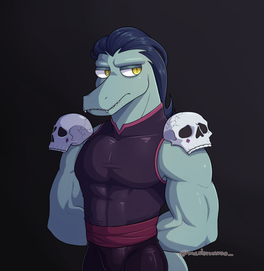 anthro blue_hair bone clothing disney fangs hair hi_res lizard male mashumaroo muscular muscular_anthro muscular_male overbite pecs pupils reptile scalie septarian skull slit_pupils solo star_vs._the_forces_of_evil teeth tight_clothing tight_topwear toffee_(svtfoe) topwear yellow_eyes