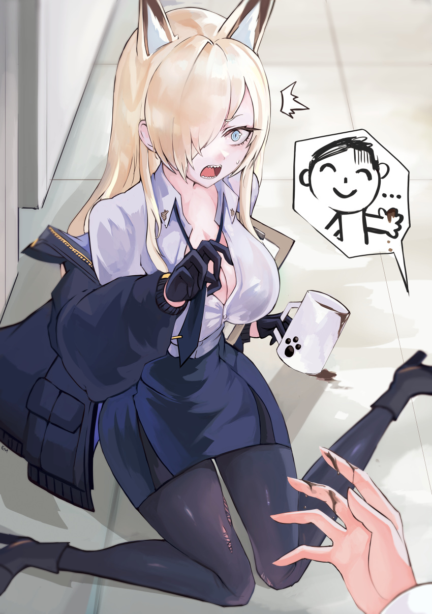 1boy 1girl absurdres animal_ears arona's_sensei_doodle_(blue_archive) black_gloves blonde_hair blue_archive blue_eyes breasts cleavage coffee_mug commentary_request cup estelle8js gloves highres holding holding_cup kanna_(blue_archive) mug open_mouth partial_commentary sensei_(blue_archive) sharp_teeth skirt spill sweatdrop teeth