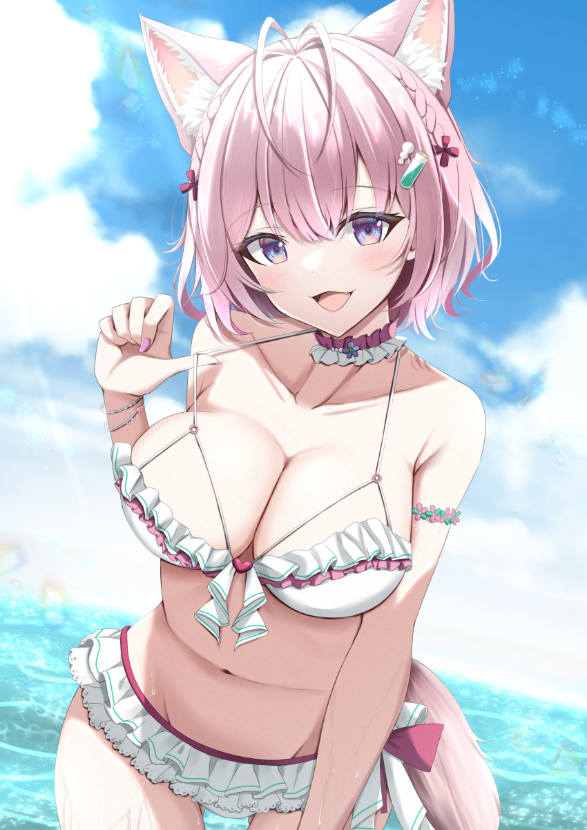 1girl absurdres animal_ears antenna_hair armlet armpit_crease bikini blue_sky bracelet braid breasts choker cleavage cloud cloudy_sky collarbone day fang fingernails flower_choker frilled_bikini frills groin hair_between_eyes hair_ribbon hakui_koyori highres hololive jewelry kamesys large_breasts leaning_forward looking_at_viewer medium_hair nail_polish navel ocean open_mouth outdoors pearl_choker pink_choker pink_hair pink_nails pink_ribbon pulled_by_self purple_eyes ribbon sky smile solo stomach strap_pull swimsuit tail thighs virtual_youtuber water white_bikini white_choker wolf_ears wolf_girl wolf_tail