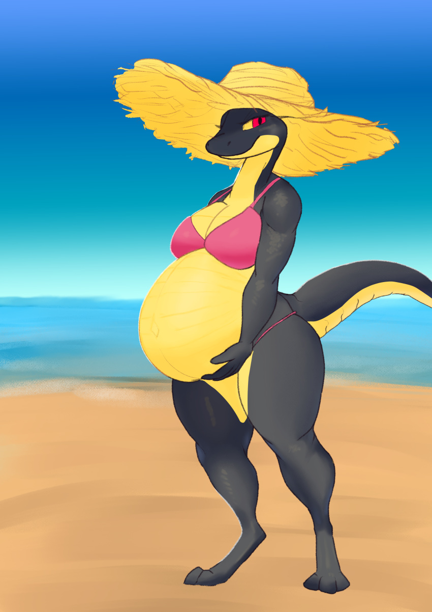 3_toes absurd_res anthro beach belly big_belly bikini black_body black_scales breasts clothing countershading curvy_figure feet female hat headgear headwear hi_res holding_belly ineternet outside pink_bikini pink_clothing pink_swimwear pregnant pregnant_anthro pregnant_female red_eyes reptile scales scalie sea seaside smile snake solo straw_hat sun_hat swimwear tail toes voluptuous water