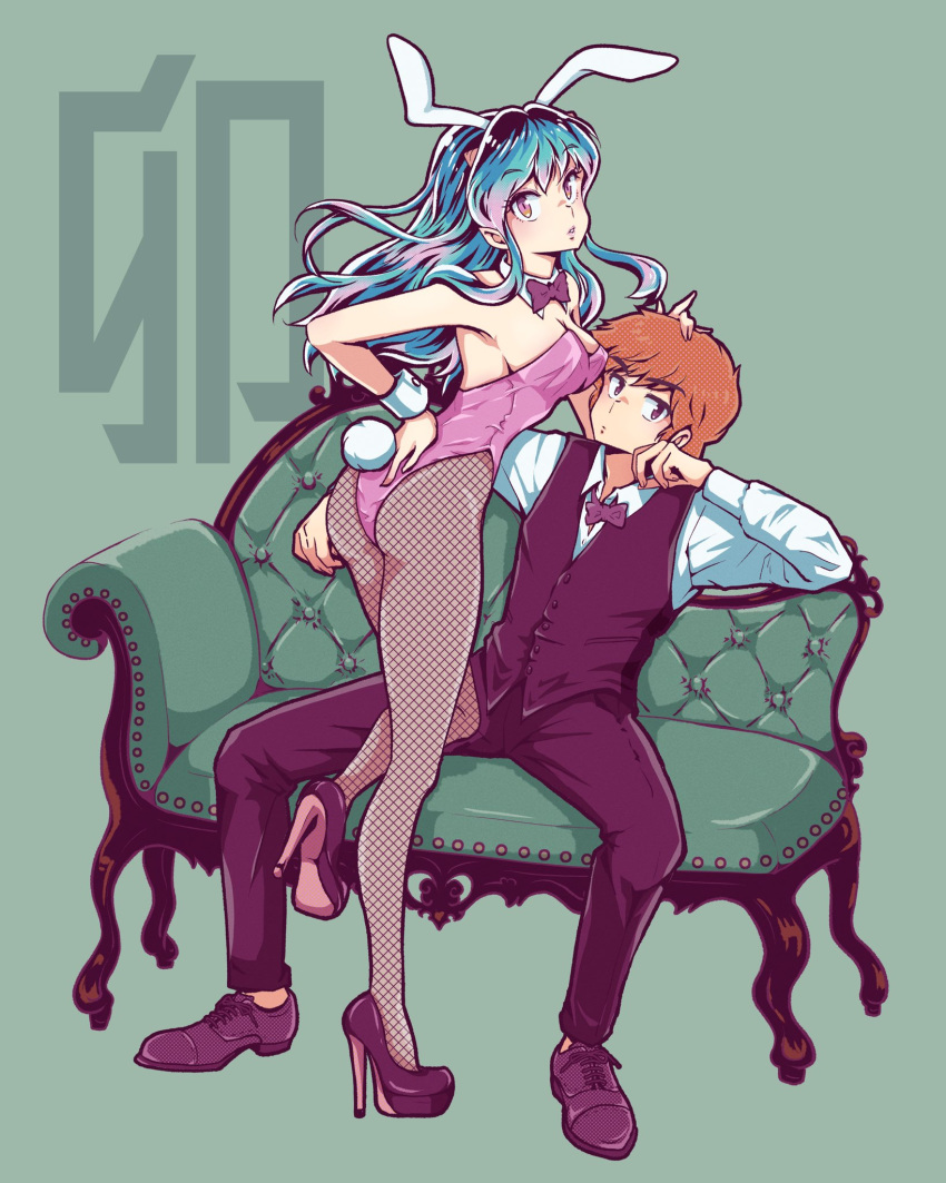 1boy 1girl animal_ears black_footwear black_pants brown_hair couch detached_collar detached_sleeves fishnet_pantyhose fishnets green_hair hand_on_back high_heels highres horns leotard long_hair looking_at_viewer looking_back lum moroboshi_ataru necktie on_couch oni_horns pants pantyhose pink_leotard playboy_bunny rabbit_ears rabbit_tail shirt tail urusei_yatsura vest white_shirt wrist_cuffs yudemotchi