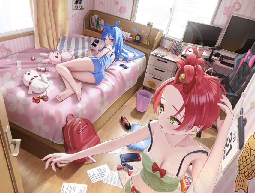 2girls 35p_(sakura_miko) alarm_clock alternate_costume alternate_hair_color alternate_hairstyle asakura_(asa_t77) ass bare_legs bare_shoulders barefoot bed_sheet bedroom blue_bow blue_eyes blue_shirt blue_shorts book bow breasts calendar_(object) cellphone chair cherry_blossom_print clock coca-cola collarbone commentary_request controller cowboy_shot curtains desk dualshock dutch_angle eyelashes feet floral_print forehead full_body game_controller gamepad gaming_chair green_eyes green_shirt green_shorts hair_between_eyes hair_bow hair_up hand_up highres holding hololive hoshimachi_suisei indoors lamp legs lens_flare long_hair medium_breasts messy_hair microphone multiple_girls nintendo_switch on_bed open_mouth phone pillow playstation_controller red_bow red_hair sakura_miko shirt shorts sleepwear small_breasts smartphone socks socks_removed soda_bottle soles standing strap_slip stuffed_animal stuffed_toy swivel_chair thighs tissue_box toes trash_can virtual_youtuber white_socks window wooden_floor