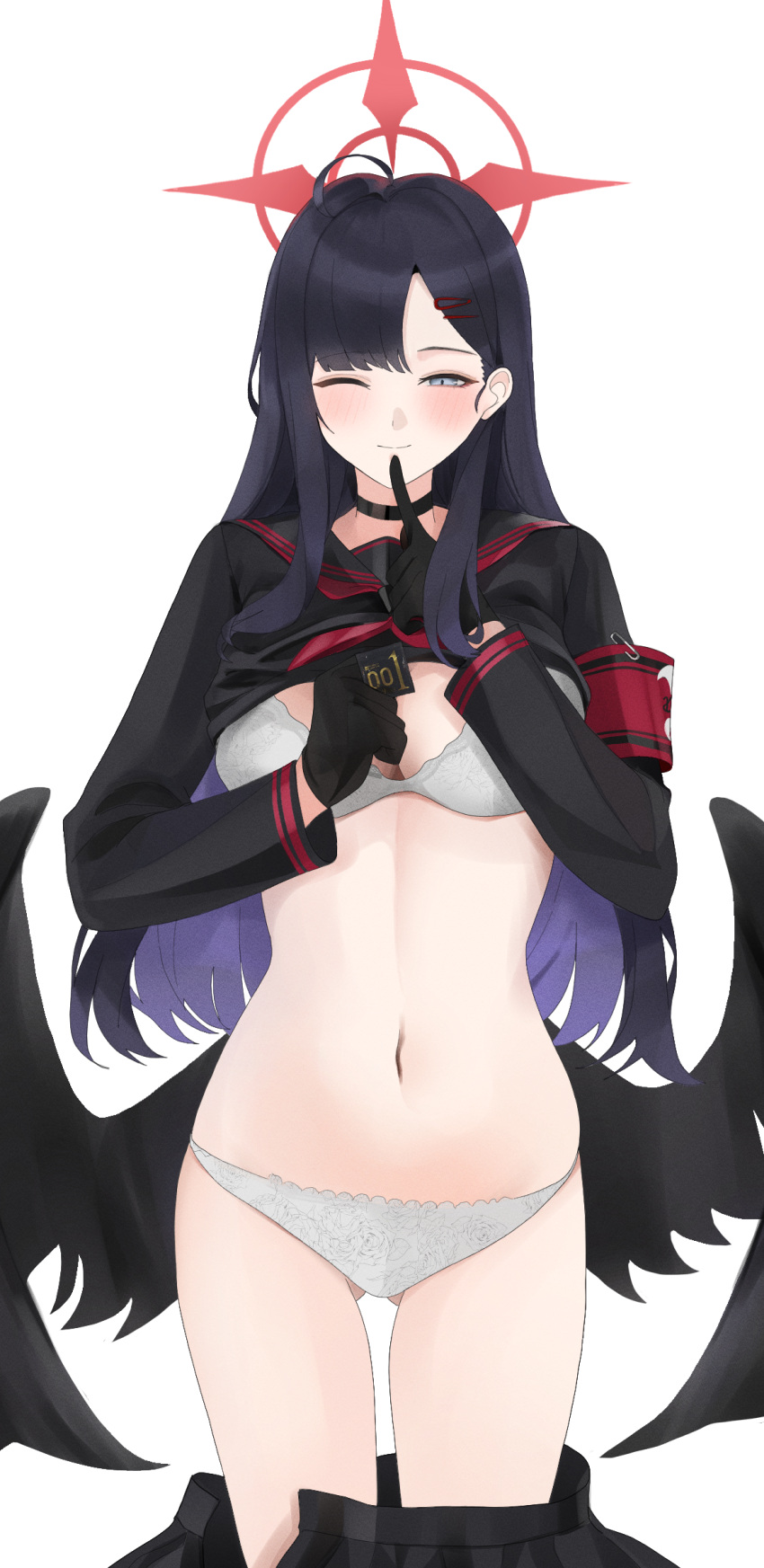 1girl ahoge armband ass_visible_through_thighs black_choker black_gloves black_hair black_sailor_collar black_wings blue_archive bra breasts choker clothes_lift clothes_pull condom condom_wrapper fte_(fifteen_199) gloves grey_eyes hair_ornament hairclip halo highres holding holding_condom ichika_(blue_archive) index_finger_raised low_wings medium_breasts navel neckerchief one_eye_closed panties red_armband red_neckerchief sailor_collar shirt_lift simple_background skirt skirt_pull solo stomach underwear white_background white_bra white_panties wings