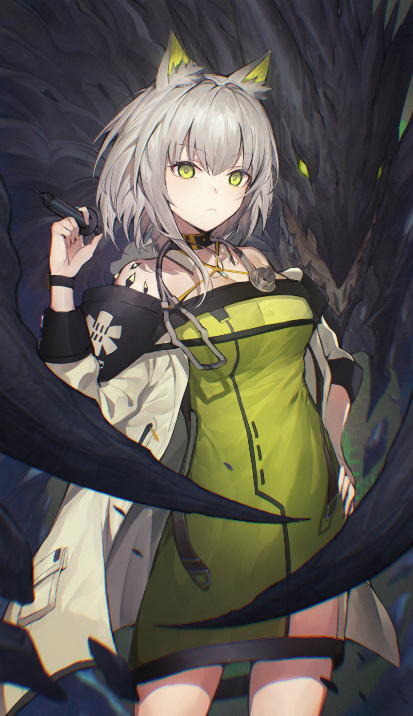 1girl absurdres animal_ear_fluff animal_ears arknights asymmetrical_hair bare_shoulders breasts cat_ears cat_girl chromatic_aberration cleavage closed_mouth commentary cowboy_shot dress film_grain green_dress green_eyes green_hair hand_on_own_hip highres holding holding_syringe kal'tsit_(arknights) long_sleeves looking_at_viewer medium_breasts medium_hair off-shoulder_dress off_shoulder oripathy_lesion_(arknights) solo stethoscope syringe takeno_(hashi_falcon) watch wristwatch