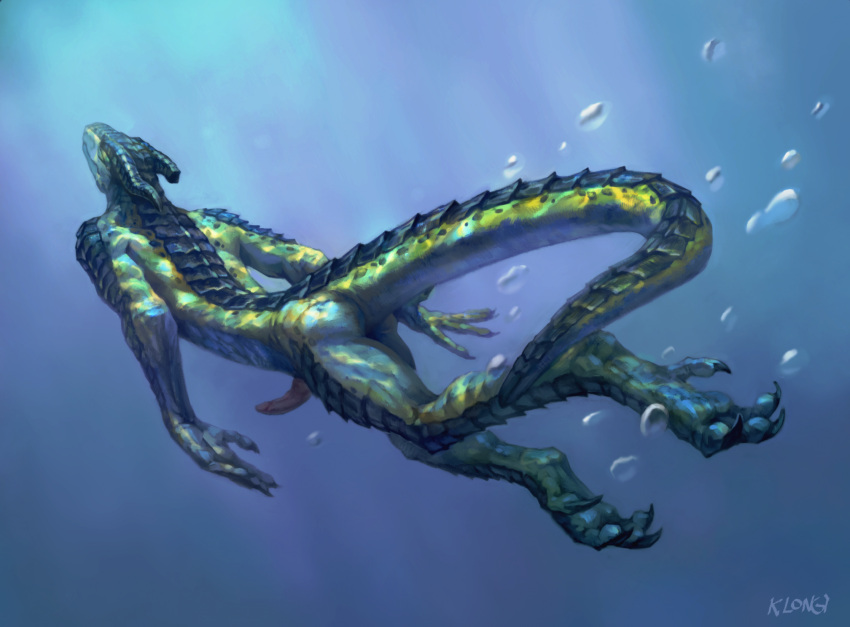4_toes 5_fingers anthro biped bubble claws feet fingers floating genitals green_body green_scales hi_res horn klongi lizard male nude penis reptile scales scalie solo toes underwater water
