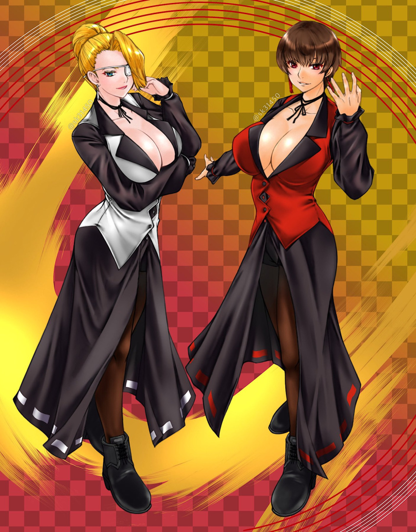 2girls ankle_boots artist_name blonde_hair blue_eyes boots bow bowtie breasts brown_eyes brown_hair buttons checkered_background cleavage collarbone commentary crossed_arms dress earrings eyepatch full_body gradient_background hair_bun hand_up highres jewelry large_breasts lips long_sleeves looking_at_viewer mature_(kof) multiple_girls pantyhose parted_lips short_hair shorts signature simple_background sk_(sk-g) smile standing the_king_of_fighters vice_(kof)