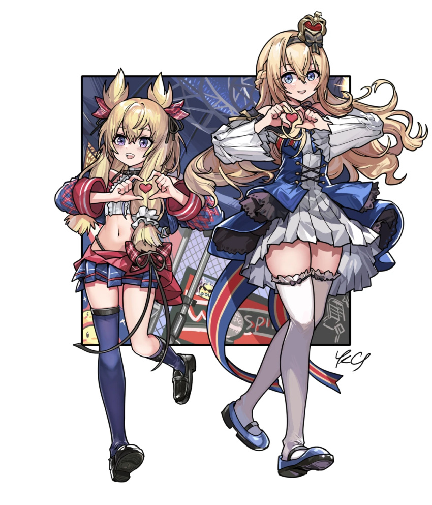 2girls alternate_costume azur_lane black_footwear black_ribbon blonde_hair blue_dress blue_eyes blue_footwear blue_skirt blue_socks blue_thighhighs blush braid chinese_commentary commentary crop_top cross-laced_clothes crossed_bangs crossover crown dress frilled_dress frills fringe_trim full_body hair_between_eyes hair_ornament hair_ribbon hair_scrunchie heart heart_hands highleg highleg_panties highres idol idol_clothes kantai_collection kneehighs kuroinu9 loafers long_hair looking_at_viewer mary_janes midriff mini_crown miniskirt multiple_girls name_connection navel off-shoulder_dress off_shoulder panties pleated_dress pleated_skirt pleated_sleeves purple_eyes ribbon scrunchie shoes short_hair_with_long_locks side_braid sidelocks single_kneehigh single_sock single_thighhigh skirt socks standing teeth thighhighs underwear upper_teeth_only warspite_(azur_lane) warspite_(kancolle) white_dress white_scrunchie white_thighhighs