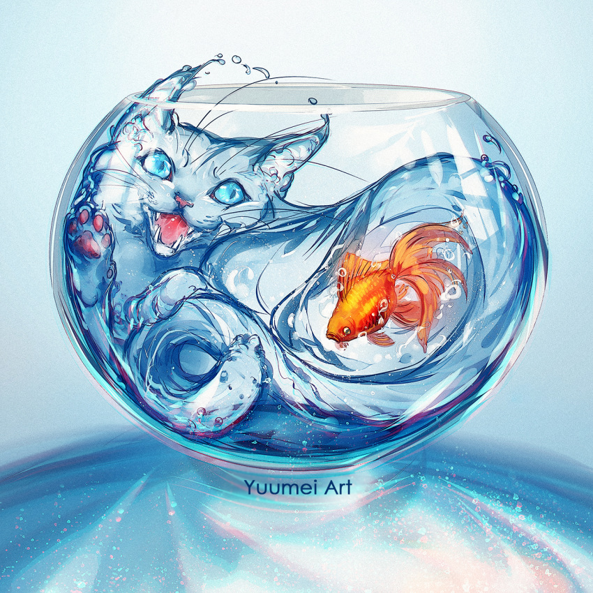 ambiguous_gender aquarium blue_body blue_eyes cyprinid cypriniform domestic_cat duo elemental_creature felid feline felis feral fish fish_bowl goldfish hi_res mammal marine tail underwater vivarium water water_creature whiskers yuumei