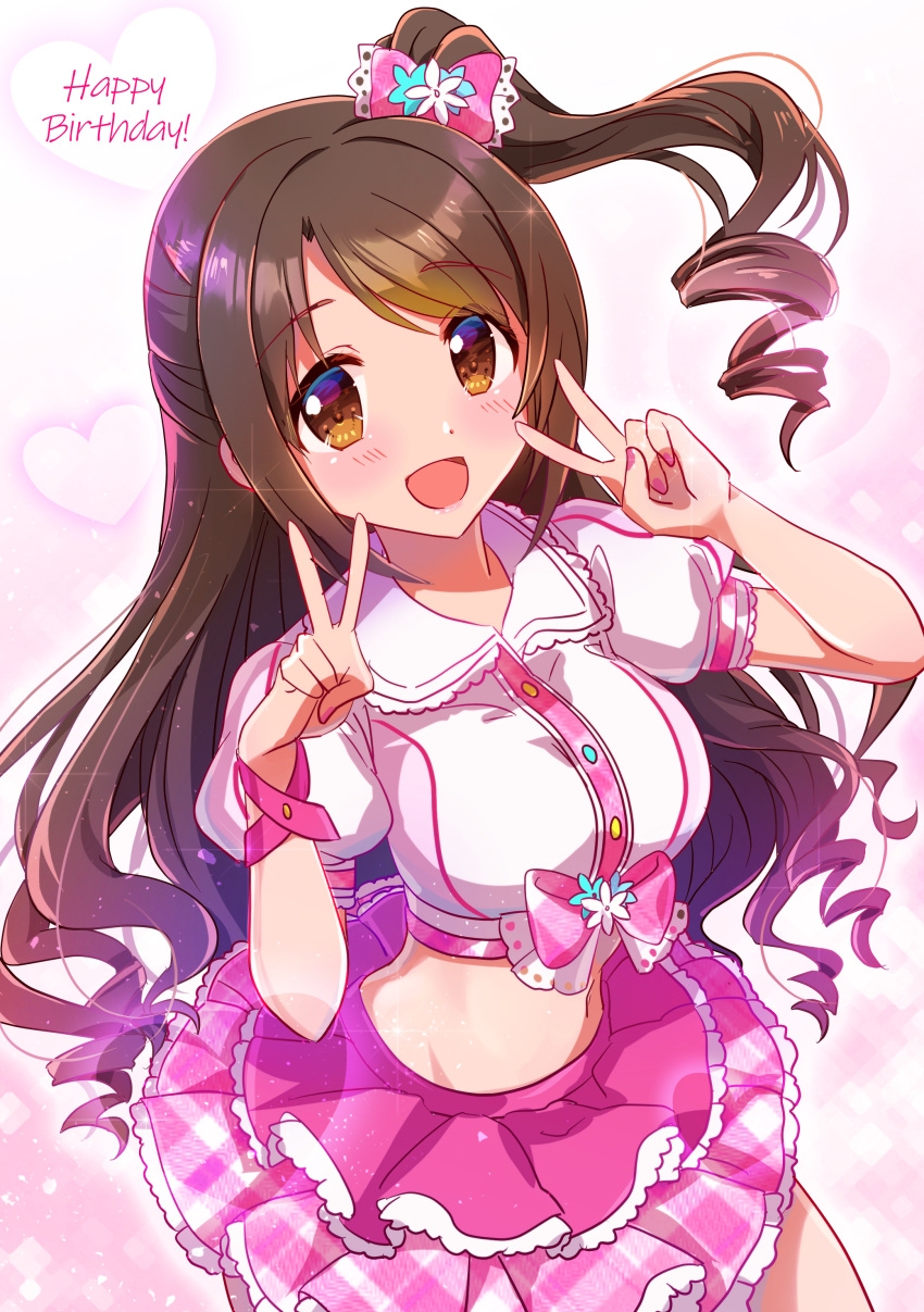 1girl absurdres blush bow breasts brown_eyes brown_hair cowboy_shot crop_top cropped_shirt dot_nose double_v frilled_skirt frills hair_bow hair_ribbon hands_up happy_birthday heart heart_background highres idolmaster idolmaster_cinderella_girls idolmaster_cinderella_girls_starlight_stage lace-trimmed_ribbon lace_trim long_hair looking_at_viewer medium_breasts midriff miniskirt navel one_side_up open_mouth pink_background pink_check_school_(idolmaster) pink_ribbon pink_skirt pink_wristband plaid plaid_skirt ribbon sakura_ran shimamura_uzuki shirt short_sleeves skirt smile solo standing v white_shirt