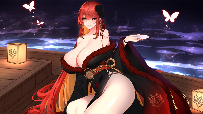 1girl absurdres bare_shoulders blonde_hair blush boat breasts bug butterfly chixiao flower fur_trim hair_flower hair_ornament highres holding huge_breasts japanese_clothes kimono long_hair long_sleeves looking_at_viewer mole mole_under_eye original red_hair sash solo tassel thighs virtual_youtuber water watercraft wide_sleeves