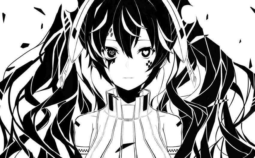 1girl android bare_shoulders cracked_skin detached_sleeves facial_mark floating_hair glass_shards hair_between_eyes hair_ornament hatsune_miku hatsune_miku_(append) heart heart-shaped_pupils long_hair looking_at_viewer mismatched_pupils monochrome parted_lips shirt solo symbol-shaped_pupils tsunotsuki_(uguisu_maccha) twintails very_long_hair vocaloid vocaloid_append
