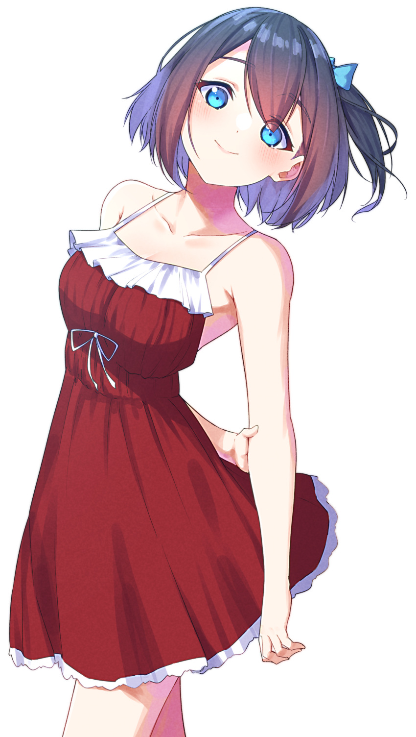 1girl absurdres arm_behind_back black_hair blue_bow blue_eyes blush bow breasts cleavage closed_mouth collarbone commentary cowboy_shot dress hair_between_eyes hair_bow highres looking_at_viewer medium_breasts original red_dress short_hair side_ponytail simple_background sleeveless sleeveless_dress smile solo suzunari_shizuku white_background yuki_arare