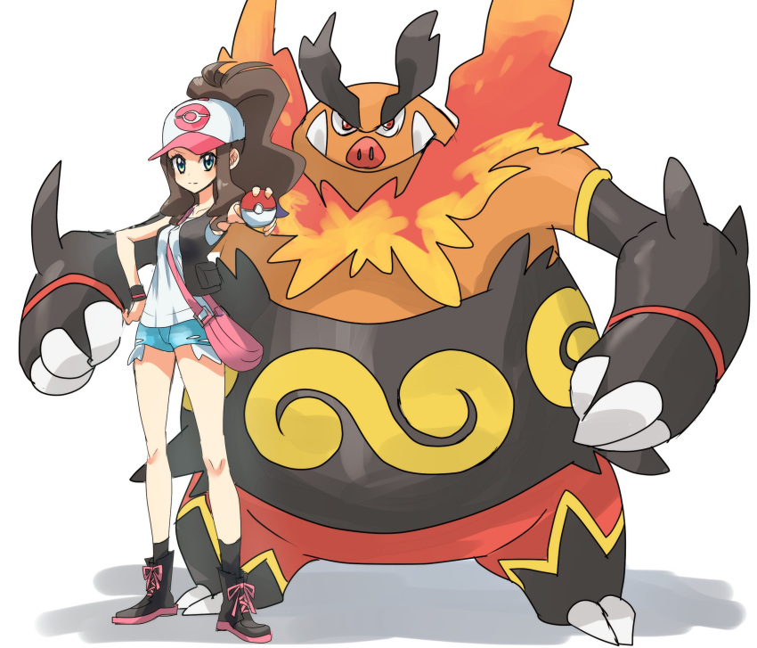 1girl antenna_hair asamaru1225 bag baseball_cap black_footwear black_socks black_vest black_wristband boots brown_hair closed_mouth emboar handbag hat high_ponytail highres hilda_(pokemon) holding holding_poke_ball knees open_clothes open_vest pink_bag poke_ball poke_ball_(basic) pokemon pokemon_(creature) pokemon_(game) pokemon_bw shirt short_shorts shorts sidelocks socks standing vest white_headwear white_shirt