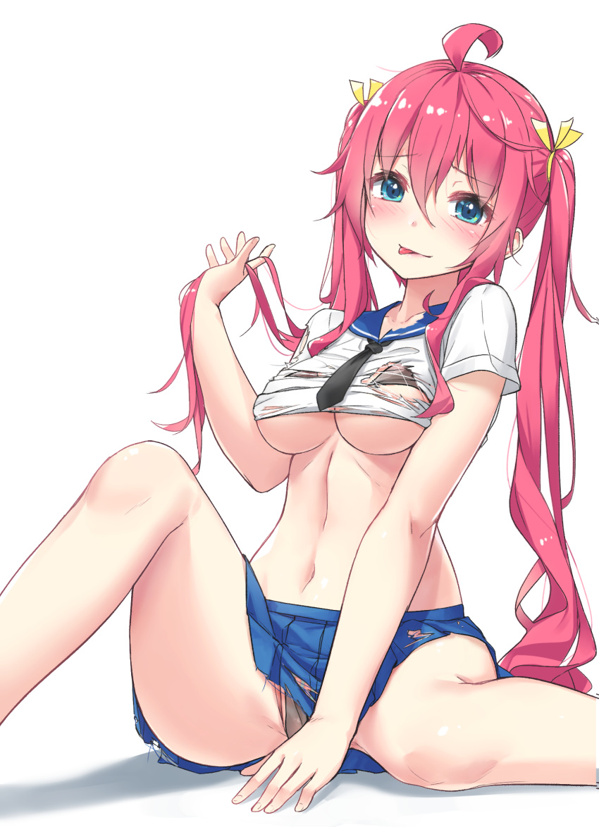 1girl ahoge between_legs bikini bikini_under_clothes black_bikini blue_eyes blue_skirt breasts crop_top hair_ribbon hand_up highres knee_up legs long_hair looking_at_viewer medium_breasts microskirt midriff naughty_face navel original pink_hair pleated_skirt ribbon sailor_collar school_uniform serafuku shirt short_sleeves simple_background skirt smile solo stomach swimsuit thighs tongue tongue_out torn_clothes torn_shirt twintails underboob wet.elephant white_background white_shirt