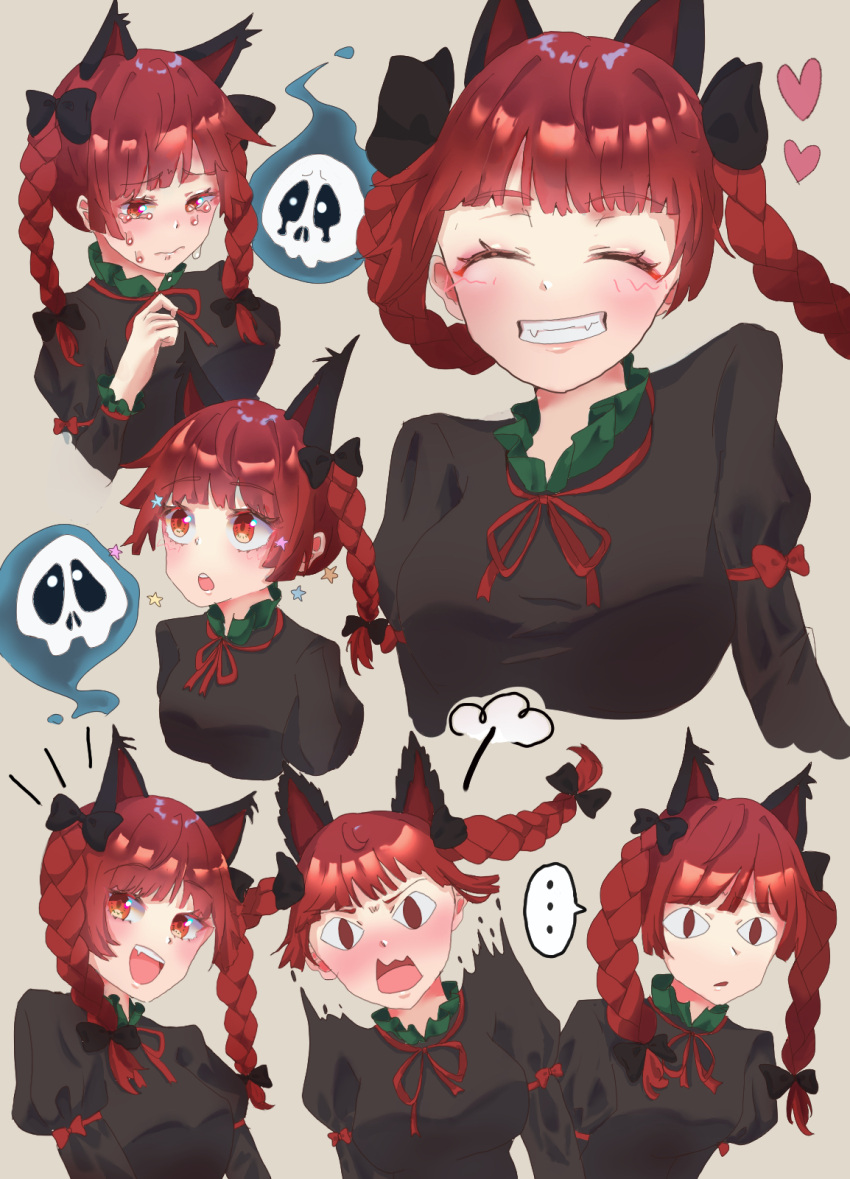 &lt;|&gt;_&lt;|&gt; ... 1girl :o animal_ears black_bow black_shirt blush bow braid cat_ears closed_eyes cropped_torso crying crying_with_eyes_open fangs flinch floating_skull frilled_shirt_collar frills grin hair_bow hair_ribbon happy heart highres juliet_sleeves kaenbyou_rin long_sleeves medium_hair multiple_views neck_ribbon notice_lines puff_of_air puffy_sleeves red_bow red_eyes red_hair red_ribbon ribbon sad shi_ppo_no shirt simple_background skull sleeve_bow smile spoken_ellipsis star_(symbol) surprised tears touhou tress_ribbon twin_braids unamused wavy_mouth