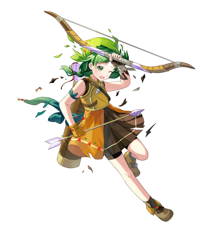 1girl arrow_(projectile) bandana bare_shoulders blush bow_(weapon) braid broken broken_weapon child fingerless_gloves fire_emblem fire_emblem:_the_blazing_blade fire_emblem_heroes full_body gloves green_eyes hand_up highres leg_up looking_away non-web_source official_art one_eye_closed open_mouth pleated_skirt quiver rebecca_(fire_emblem) ringozaka_mariko shoes shorts skirt sleeveless socks solo torn_clothes transparent_background twin_braids twintails weapon
