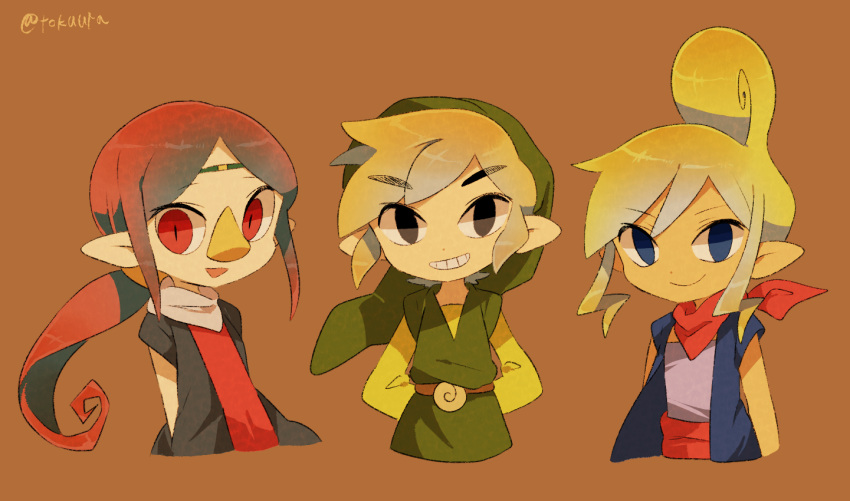 1boy 2girls beak blonde_hair blue_eyes closed_mouth link looking_at_viewer medli multiple_girls parted_bangs pointy_ears red_eyes short_hair sidelocks simple_background smile tetra the_legend_of_zelda the_legend_of_zelda:_the_wind_waker tokuura toon_link upper_body