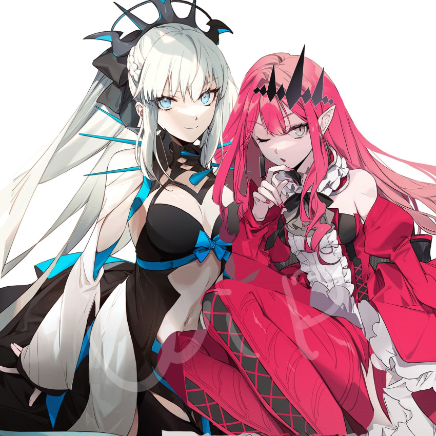 2girls bad_id bad_twitter_id bare_shoulders black_bow black_bowtie black_dress blue_bow blue_eyes boots bow bowtie braid breasts center_frills center_opening circlet cleavage clothing_cutout cross-laced_footwear crown crown_braid detached_sleeves dress earrings fairy_knight_tristan_(fate) fate/grand_order fate_(series) frilled_dress frills grey_eyes grey_hair highres jewelry long_hair medium_breasts morgan_le_fay_(fate) multiple_girls navel no-kan one_eye_closed pink_dress pink_footwear pink_hair pink_nails pointy_ears puffy_sleeves spikes stomach_cutout thigh_boots two-tone_dress