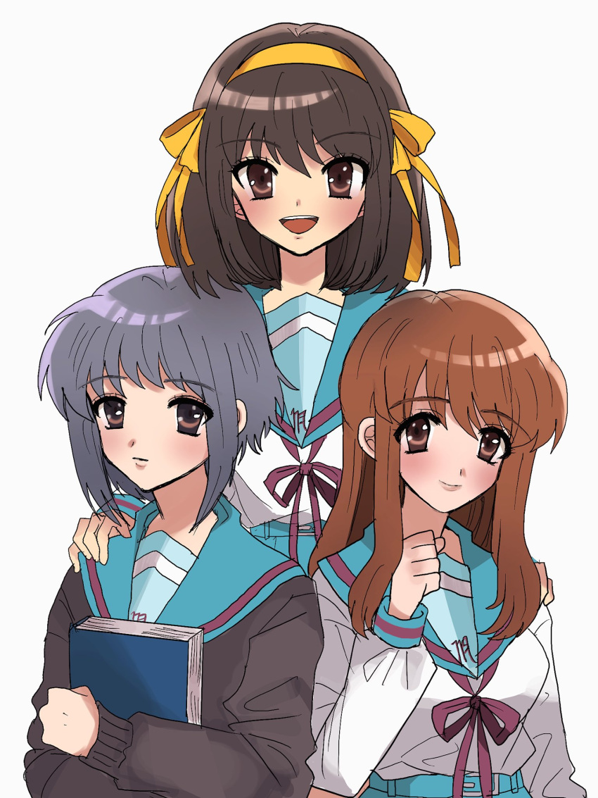 3girls 8plus1000 :d asahina_mikuru blue_sailor_collar blue_skirt blush bob_cut book book_hug brown_eyes brown_hair closed_mouth commentary_request hair_ribbon hairband hand_on_another's_shoulder highres holding holding_book hugging_object kita_high_school_uniform long_hair long_sleeves looking_at_viewer medium_hair multiple_girls nagato_yuki open_mouth purple_hair red_ribbon ribbon sailor_collar school_uniform serafuku short_hair simple_background skirt smile suzumiya_haruhi suzumiya_haruhi_no_yuuutsu teeth upper_teeth_only white_background winter_uniform yellow_hairband yellow_ribbon