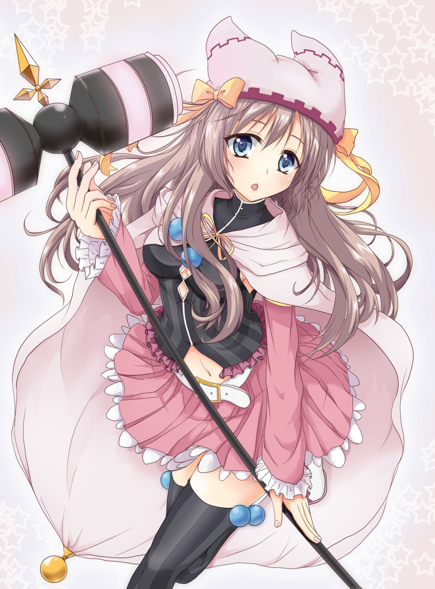 1girl :o belt black_shirt black_thighhighs blush bow breasts cloak commentary_request eyebrows_hidden_by_hair eyelashes eyes_visible_through_hair feet_out_of_frame fingernails floating_clothes floating_hair frilled_skirt frilled_sleeves frills grey_background hair_between_eyes hammer hand_up hat hat_bow hat_ribbon highres holding holding_hammer karukan_(karukann) light_brown_hair long_hair long_sleeves looking_at_viewer medium_breasts miniskirt navel open_mouth pink_skirt pleated_skirt ribbon sanoba_witch shiiba_tsumugi shirt simple_background skirt solo standing standing_on_one_leg star_(symbol) straight_hair thighhighs very_long_hair white_belt white_cloak white_headwear witch yellow_bow yellow_ribbon zettai_ryouiki