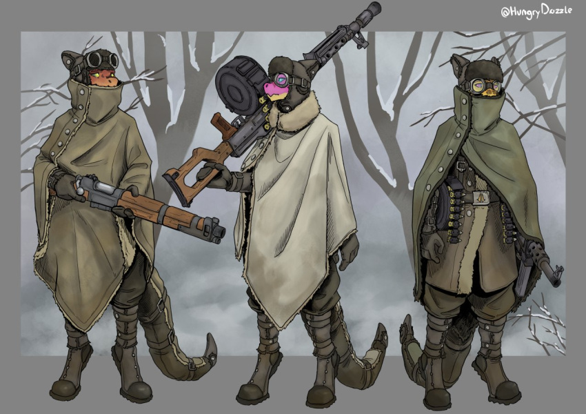 2023 ambiguous_gender anthro clothed clothing coat digitigrade digitigrade_footwear eyewear furgonomics goggles group gun hat headgear headwear hungrydazzle kobold machine_gun ranged_weapon soldier standing tail tail_clothing topwear trio warrior weapon winter