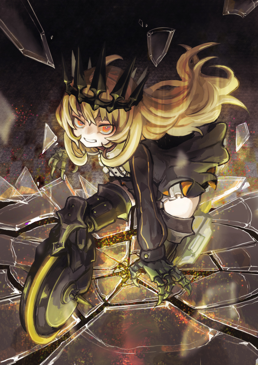 1girl angry black_headwear black_jacket black_rock_shooter black_skirt blonde_hair blurry broken_glass buchi0122 buttons center_frills chariot_(black_rock_shooter) clenched_teeth commentary_request crown depth_of_field energy frills full_body glaring glass glass_shards headpiece highres jacket long_hair long_sleeves looking_at_viewer mechanical_hands mechanical_legs open_mouth orange_eyes partial_commentary serious shards shattered skirt solo spikes teeth wheel white_skirt