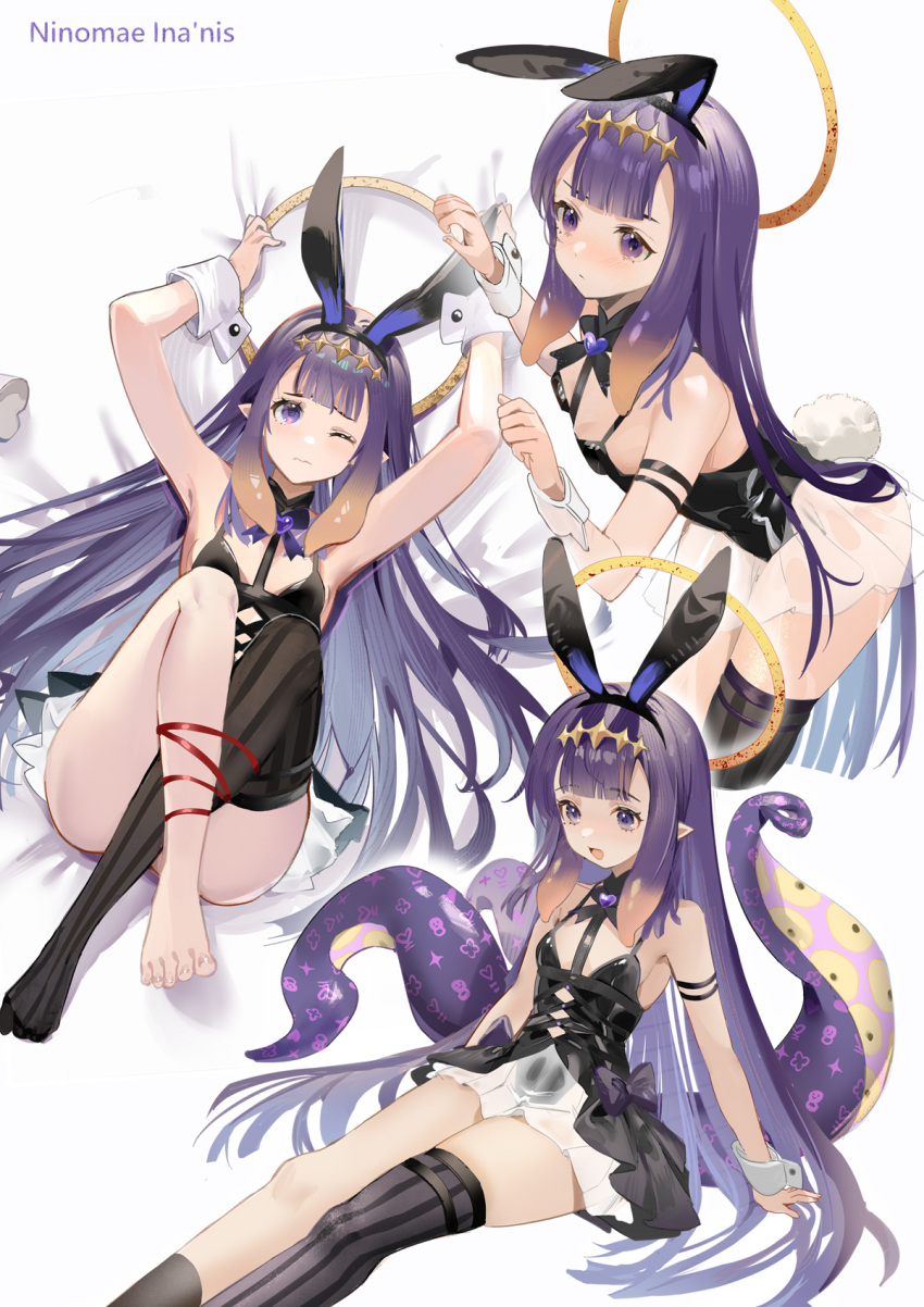 1girl animal_ears bed_sheet black_footwear black_skirt black_thighhighs breasts detached_sleeves fake_animal_ears halo high_heels highres hololive hololive_english leotard looking_at_viewer multiple_views ninomae_ina'nis playboy_bunny purple_eyes purple_hair rabbit_ears rero_(bigdoorbig2) sheet_grab single_thighhigh skirt small_breasts tentacle_hair tentacles thighhighs virtual_youtuber