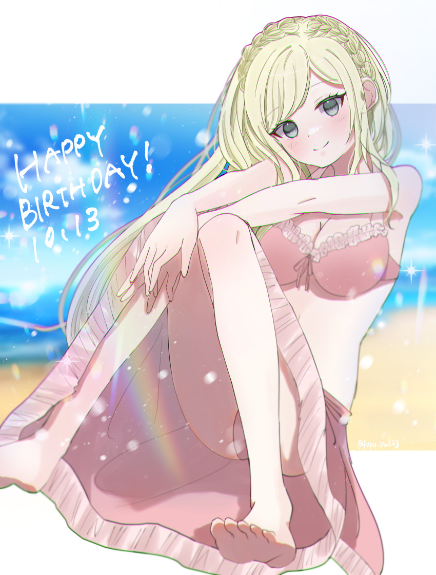 1girl absurdres ass bare_arms bare_shoulders beach bikini blue_sky braid breasts cleavage closed_mouth cloud crown_braid danganronpa_(series) danganronpa_2:_goodbye_despair danganronpa_s:_ultimate_summer_camp dated day fuyu_ko green_eyes happy_birthday highres knees_up large_breasts ocean official_alternate_costume outdoors pink_bikini sky smile solo sonia_nevermind swimsuit white_background