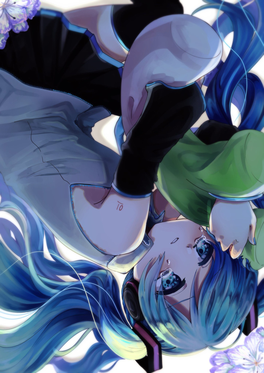 aqua_eyes aqua_hair black_skirt black_sleeves blue_eyes blue_hair blue_necktie boots cherry_blossoms crying detached_sleeves food grey_shirt hair_ornament hatsune_miku highres holding holding_food holding_spring_onion holding_vegetable hugging_doll hugging_object long_hair necktie pleated_skirt shiro_nori00 shirt skirt sleeveless sleeveless_shirt spring_onion thigh_boots twintails vegetable very_long_hair vocaloid