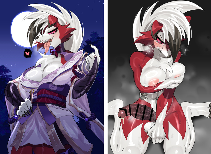 &lt;3 2023 anthro areola balls big_breasts blush breasts canid canine censored clothed clothing digital_media_(artwork) fur generation_7_pokemon genitals gynomorph hi_res instant_loss_2koma intersex looking_at_viewer lycanroc mammal midnight_lycanroc mx_ragam nintendo nipples nude penis pink_areola pink_nipples pokemon pokemon_(species) red_body red_fur smile solo tongue white_body white_fur