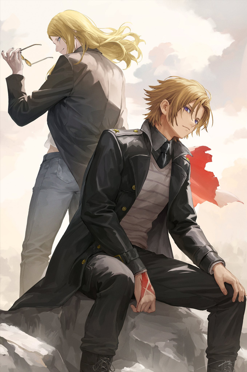 2boys black_coat black_necktie black_pants blonde_hair boots coat collared_shirt command_spell daybit_sem_void denim fate/grand_order fate_(series) floating_hair from_behind hand_on_own_knee highres holding holding_eyewear jeans kouzuki_kei long_hair looking_at_viewer looking_back male_focus multiple_boys necktie open_clothes open_coat pants profile purple_eyes shirt signature sitting standing striped striped_sweater sunglasses sweater tezcatlipoca_(fate)