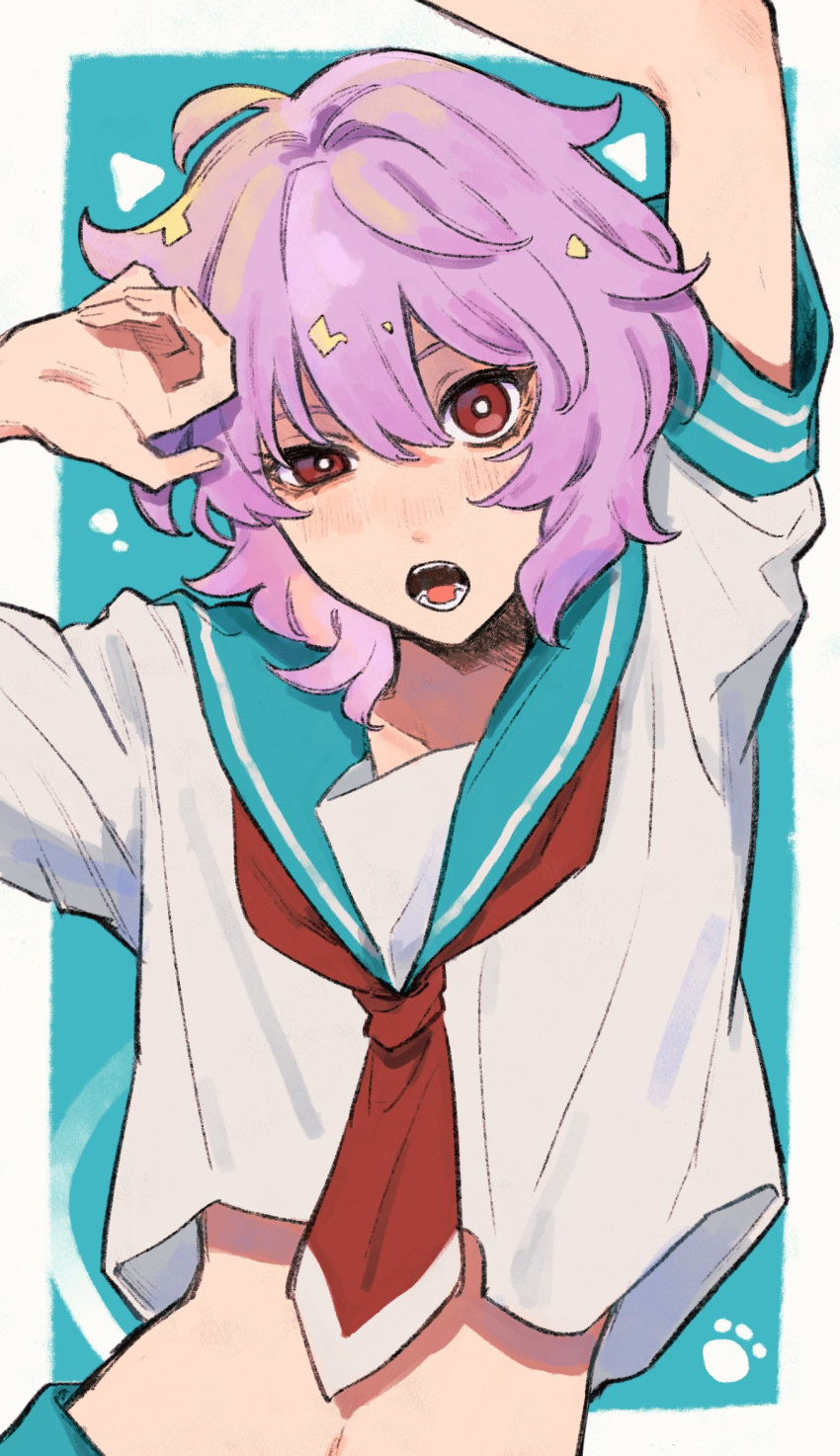1girl arms_up blue_sailor_collar blush crop_top hair_between_eyes highres kantai_collection looking_at_viewer midriff navel neckerchief one-hour_drawing_challenge open_mouth paw_print pink_hair red_eyes red_neckerchief sailor_collar school_uniform serafuku short_hair short_sleeves simple_background solo sumoffu tama_(kancolle) upper_body