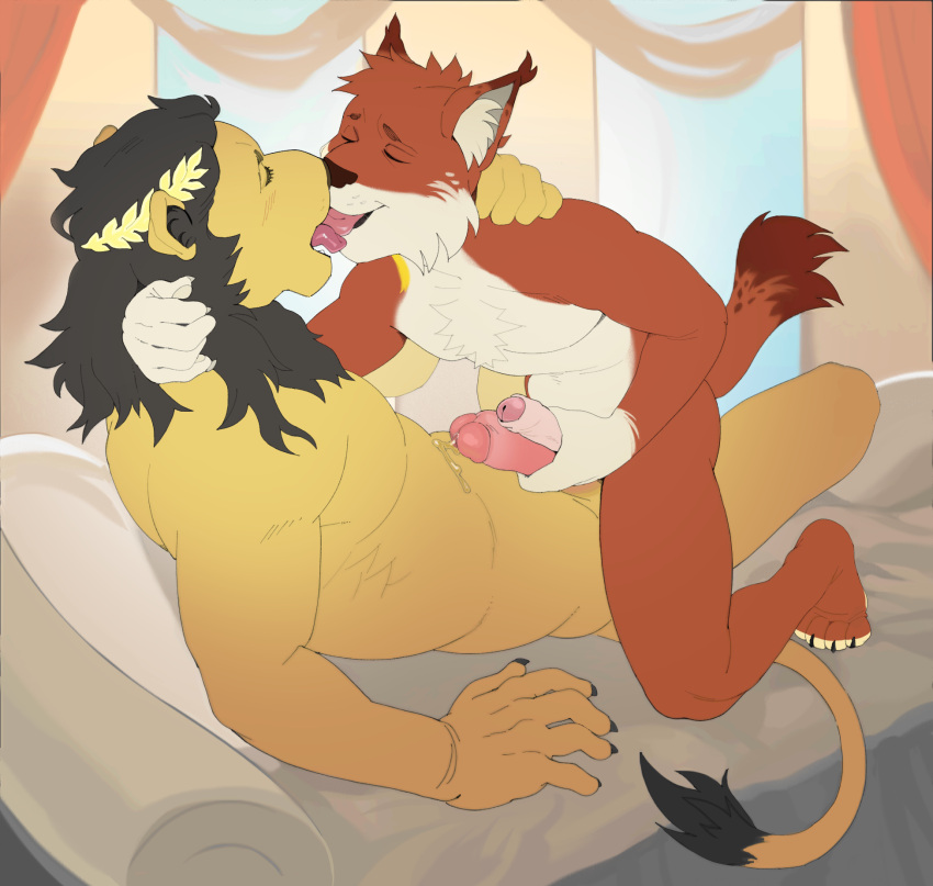 anthro bed bilyonaire claws crown drapes duo felid feline fur furniture goldenlynx headgear hi_res kissing licking_tongue lion lynx male male/male mammal mane morgwyn muscular muscular_male pantherine tan_body tan_fur tongue tuft yellow_body yellow_fur