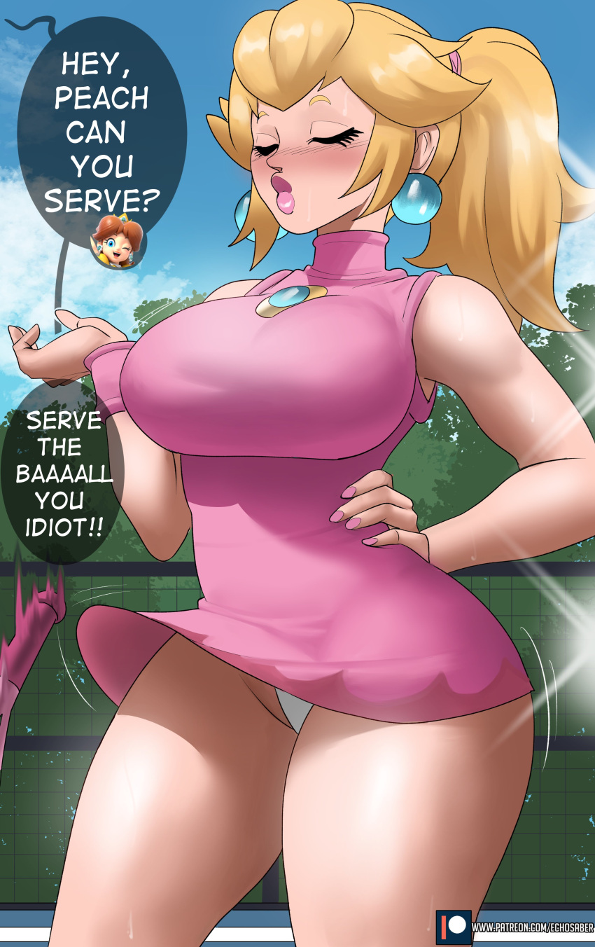1girl absurdres bare_arms blonde_hair blush breasts closed_eyes echo_saber english_text hand_on_own_hip highres lar large_breasts lips long_hair mario_(series) mario_tennis outdoors panties pantyshot ponytail princess_peach sportswear tennis_court tennis_uniform thick_thighs thighs underwear white_panties