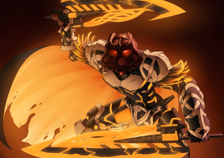 absurd_res ambiguous_gender armor bionicle burns5 cape clothed clothing digital_drawing_(artwork) digital_media_(artwork) dual_weapon dual_wielding fantasy_sword fingers fire_sword fur_trim_(clothing) glowing glowing_eyes headgear hi_res holding_object holding_sword holding_weapon humanoid large_sword large_weapon lego machine mask melee_weapon mouthless multicolored_body not_furry red_eyes robot signature simple_background solo standing sword tahu toa two_tone_body weapon