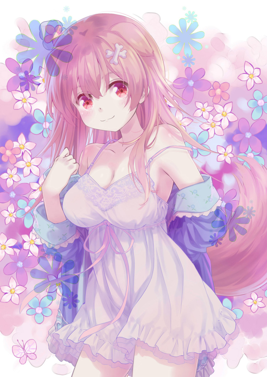 1girl 54hao animal_ears bare_shoulders blue_flower blue_jacket blush bone_hair_ornament breasts brown_hair cartoon_bone cleavage closed_mouth collarbone commentary dog_ears dog_girl dog_tail dress floral_background flower hair_between_eyes hair_ornament highres hololive inugami_korone jacket large_breasts long_hair looking_at_viewer off_shoulder open_clothes open_jacket pink_flower purple_flower red_eyes sleeveless sleeveless_dress smile solo standing strap_slip tail white_dress white_flower