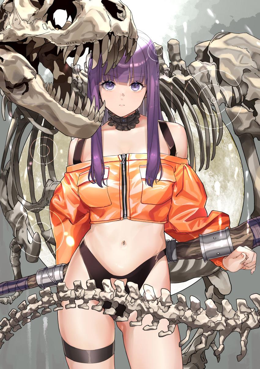 1girl absurdres alternate_costume animal_skeleton bikini bikini_under_clothes black_collar blunt_bangs bone breast_pocket closed_mouth collar commentary_request detached_collar fern_(sousou_no_frieren) frilled_collar frills highleg highleg_bikini highres holding holding_staff jacket long_hair long_sleeves looking_at_viewer mage_staff midriff navel off-shoulder_jacket off_shoulder orange_jacket oshiri_seijin pocket purple_eyes purple_hair sidelocks simple_background skeleton solo sousou_no_frieren sports_bikini staff straight_hair swimsuit thigh_strap undead zipper_pull_tab