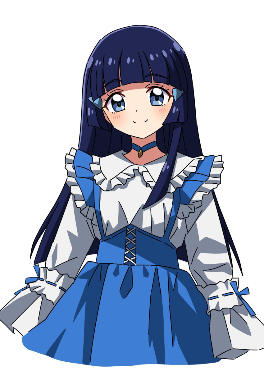 1girl aoki_reika blue_choker blue_eyes blue_hair blue_skirt choker collared_shirt frilled_shirt_collar frills hair_ornament highres kousuke0912 long_hair long_sleeves precure shirt simple_background skirt smile smile_precure! solo suspender_skirt suspenders white_background white_shirt