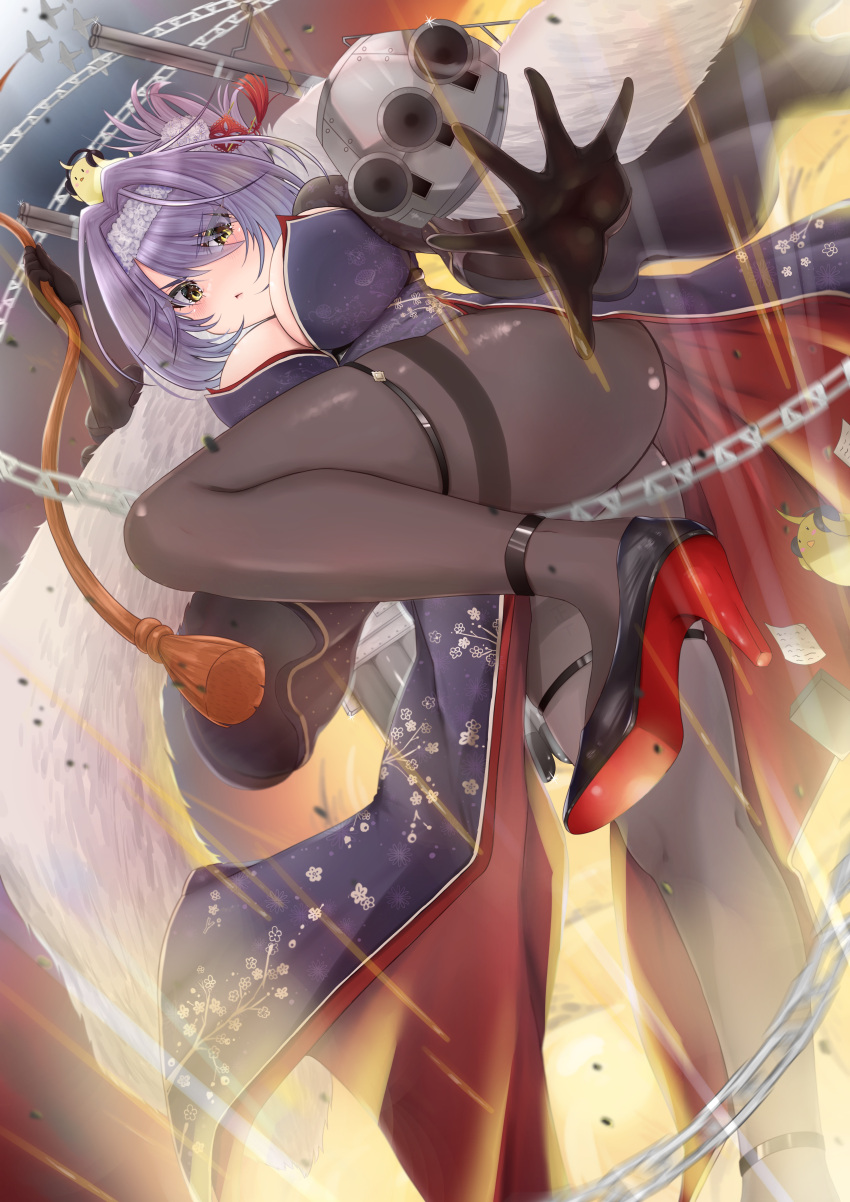 1girl absurdres aircraft azur_lane black_footwear black_gloves breasts chain chinese_clothes dress eesuke_(shin1athke) feather_boa foot_out_of_frame from_below fur_hairband gloucester_(azur_lane) gloucester_(brilliance_in_purple)_(azur_lane) gloves high_heels highres large_breasts looking_at_viewer manjuu_(azur_lane) medium_hair official_alternate_costume pantyhose pelvic_curtain purple_dress purple_hair shoes solo standing standing_on_one_leg thighband_pantyhose wide_sleeves yellow_eyes