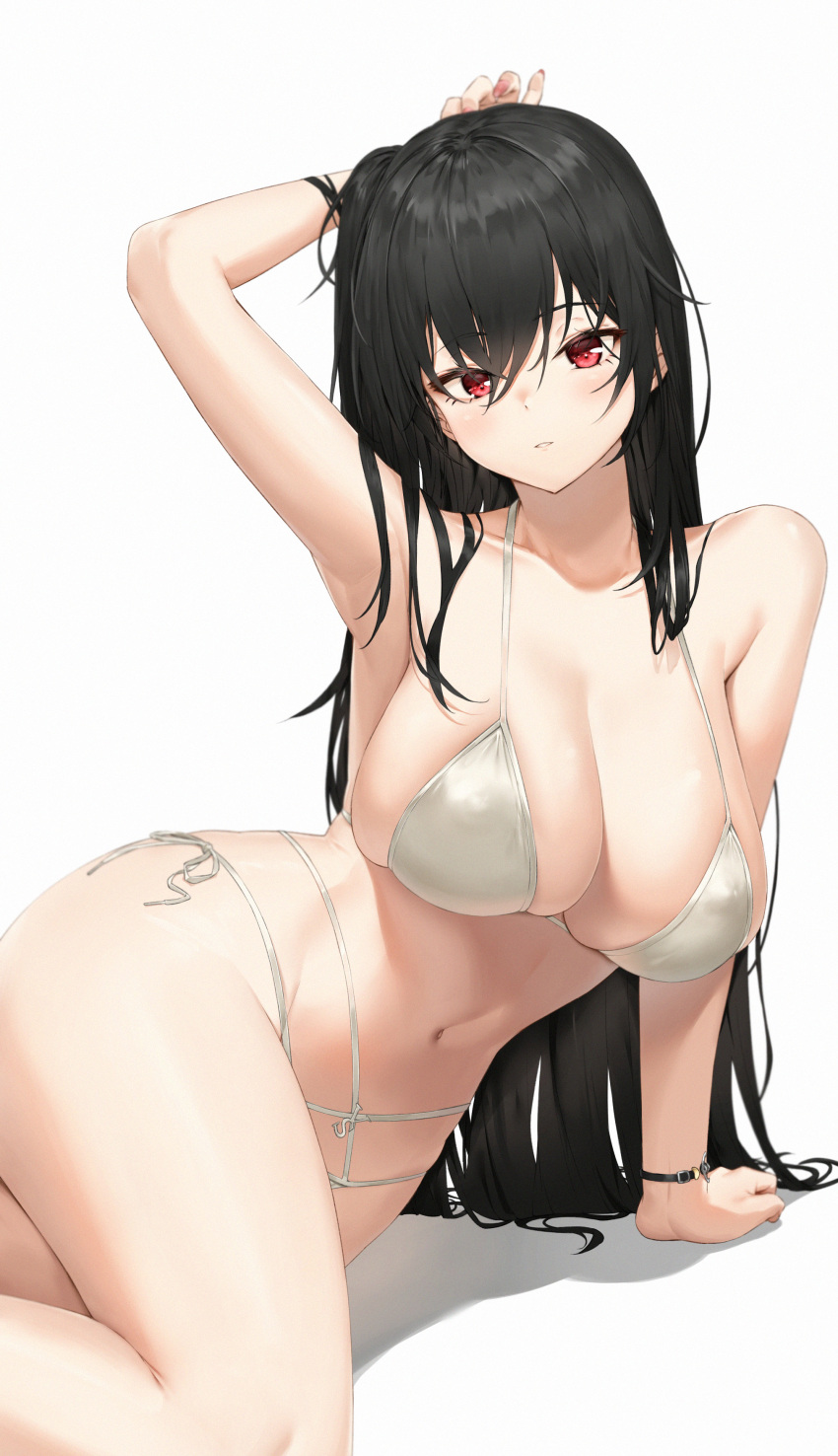 1girl absurdres arm_support arm_up azur_lane bikini black_hair breasts cleavage highres large_breasts long_hair looking_at_viewer lying navel on_side parted_lips pixel_(yuxian) red_eyes side-tie_bikini_bottom solo stomach swimsuit taihou_(azur_lane) taihou_(seaside_daydreams)_(azur_lane) very_long_hair white_bikini
