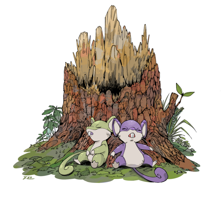 alternate_color animal_focus closed_eyes commentary_request fangs grass highres lying no_humans oyasuminjyutsu pokemon pokemon_(creature) rattata shiny_pokemon signature tree_stump white_background