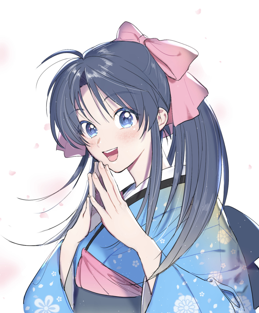 1girl :d blue_eyes blue_hair blue_kimono blush commentary_request falling_petals floral_print hair_ribbon high_ponytail highres japanese_clothes kamiya_kaoru kimono long_hair long_sleeves looking_at_viewer natsu_mikan_(level9) obi open_mouth own_hands_together petals pink_ribbon print_kimono ribbon rurouni_kenshin sash simple_background smile solo teeth upper_body upper_teeth_only wide_sleeves